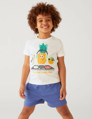 MARKS & SPENCER Baby Boys Printed Cotton Blend Regular T Shirt(White, Pack of 1)