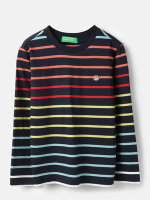 United Colors of Benetton Boys Striped Pure Cotton Regular T Shirt(Dark Blue, Pack of 1)