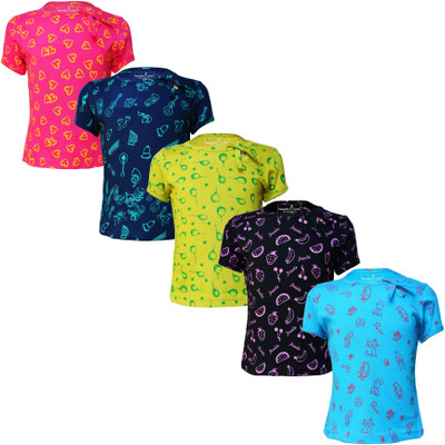 Eazy Trends Girls Printed Pure Cotton Regular T Shirt(Multicolor, Pack of 5)