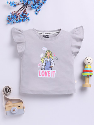 Happy Faces Baby Girls Cartoon Pure Cotton Regular T Shirt(White, Pack of 1)