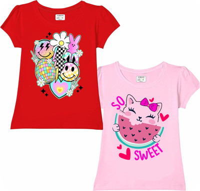 Mothers Bless Girls Graphic Print Cotton Blend Regular T Shirt(Red, Pink, Pack of 2)
