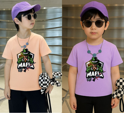 Lecowar Boys Graphic Print Polyester Regular T Shirt(Pink, Purple, Pack of 2)