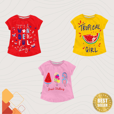 Miss & Chief Girls Printed Cotton Blend Regular T Shirt(Multicolor, Pack of 3)