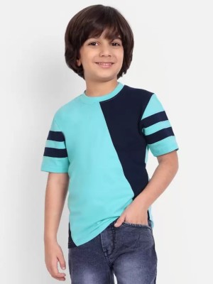 rotaqo Boys Colorblock Cotton Blend Regular T Shirt(Blue, Pack of 1)