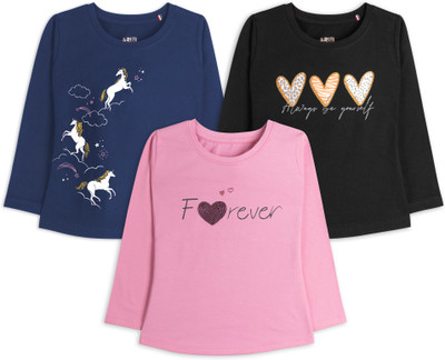 Ariel Girls Printed Pure Cotton Regular T Shirt(Multicolor, Pack of 3)