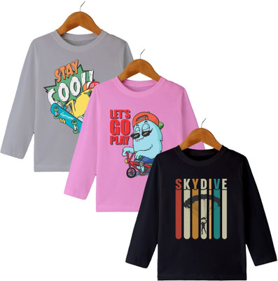 MYO Boys & Girls Printed Cotton Blend Regular T Shirt(Multicolor, Pack of 3)