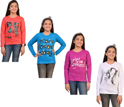 IndiWeaves Girls Printed Pure Cotton Regular T Shirt(Multicolor, Pack of 4)