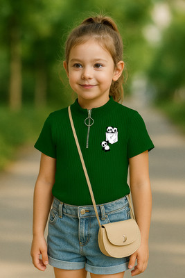 Rory Girls Printed Cotton Blend Regular T Shirt(Green, Pack of 1)
