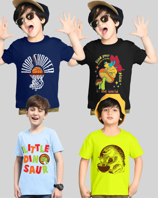 ENITOR Boys Printed Cotton Blend Regular T Shirt(Light Green, Light Blue, Pack of 4)