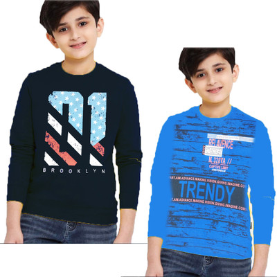 crazyon Boys Typography Pure Cotton Regular T Shirt(Multicolor, Pack of 2)