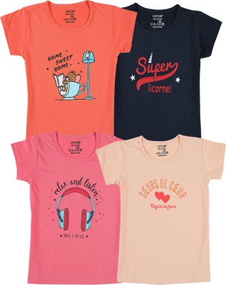 CATCUB Girls Printed Cotton Blend T Shirt(Multicolor, Pack of 4)