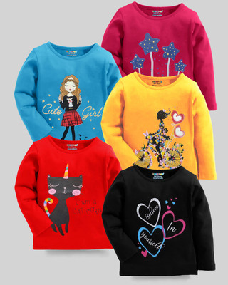 Kuchipoo Girls Printed Cotton Blend Regular T Shirt(Multicolor, Pack of 5)