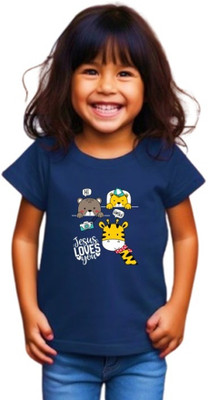 Witty Curls Boys & Girls Printed Pure Cotton Regular T Shirt(Blue, Pack of 1)