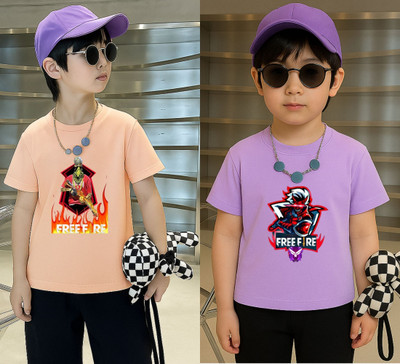 Lecowar Boys Printed Polyester Regular T Shirt(Pink, Purple, Pack of 1)