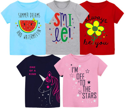 MIST N FOGG Girls Graphic Print Cotton Blend Regular T Shirt(Multicolor, Pack of 5)