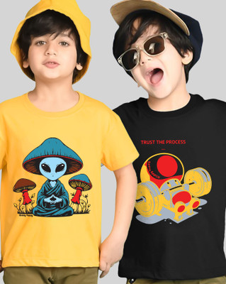 AUSK Boys Printed Cotton Blend Regular T Shirt(Yellow, Black, Pack of 2)