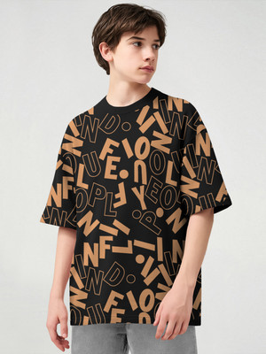 TRIPR Boys Printed Cotton Blend Oversized T Shirt(Black, Brown, Pack of 1)