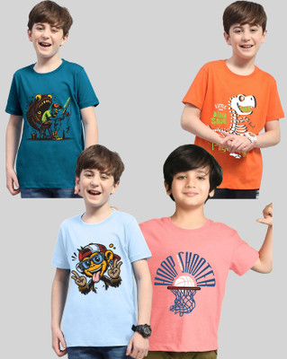 AOOSH Boys Printed Cotton Blend Regular T Shirt(Orange, Multicolor, Pack of 4)