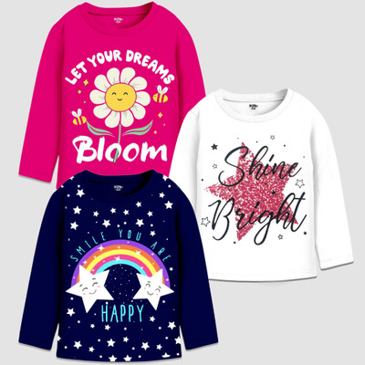 Berry Joy Girls Printed Cotton Blend Regular T Shirt(Multicolor, Pack of 3)