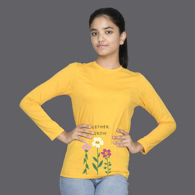 Nusyl Girls Floral Print Cotton Blend Regular T Shirt(Yellow, Pack of 1)