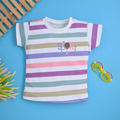 RIJIYA DRESSES Girls Striped Cotton Blend Regular T Shirt(Multicolor, Pack of 1)