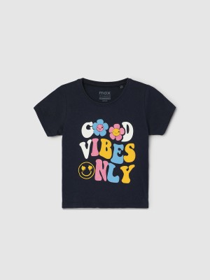 MAX Baby Girls Typography, Printed Pure Cotton T Shirt(Dark Blue, Pack of 1)