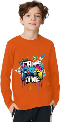 ENZIKO Boys Graphic Print Cotton Blend Regular T Shirt(Orange, Pack of 1)