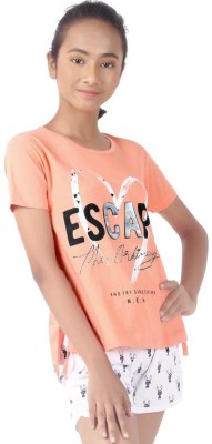 LEANDRO & REUBEN Girls Typography, Printed Cotton Blend T Shirt(Orange, Pack of 1)