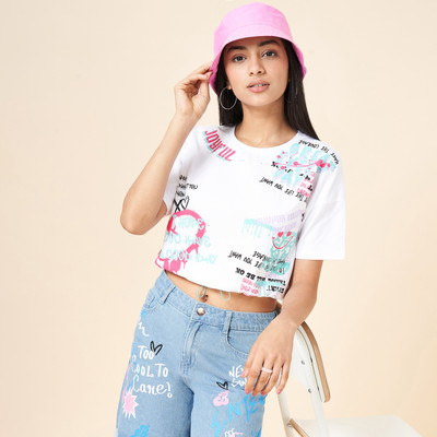 Coolsters by Pantaloons Girls Typography, Printed Cotton Blend Regular T Shirt(Multicolor, Pack of 1)