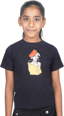 Yellowtoons Girls Printed Cotton Blend Regular T Shirt(Blue, Pack of 1)