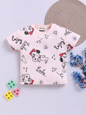 Happy Faces Baby Girls Printed Pure Cotton Regular T Shirt(Pink, Pack of 1)