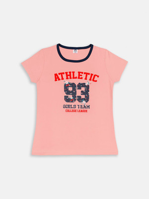 Here&Now X Game Begins Baby Girls Printed Cotton Blend Regular T Shirt(Orange, Pack of 1)