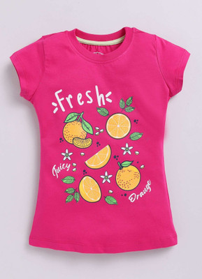 Parrot Crow Girls Graphic Print Pure Cotton Regular T Shirt(Pink, Pack of 1)