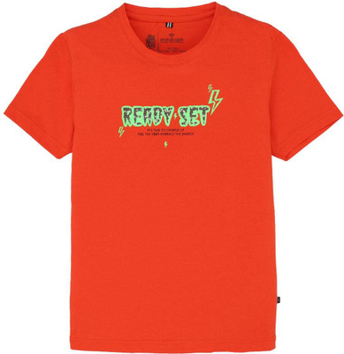 Status Quo Boys Printed Elastane, Cotton Blend Regular T Shirt(Orange, Pack of 1)
