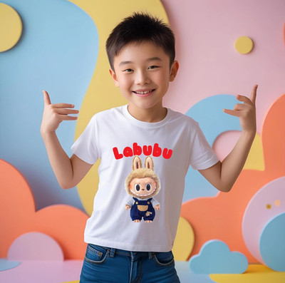 Kidloo Boys Labubu, Graphic Print Cotton Blend Regular T Shirt(Blue, Pack of 1)