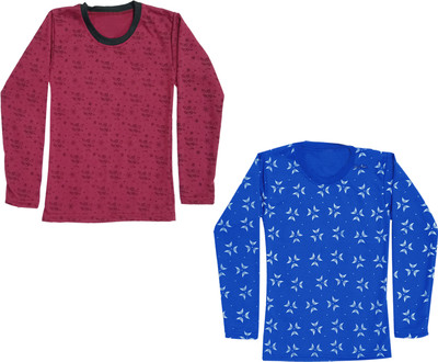 Indistar Girls Printed Wool Blend Regular T Shirt(Blue, Pack of 2)