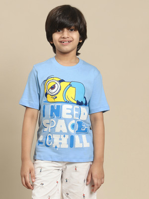 kidsville Boys Printed Pure Cotton Regular T Shirt(Blue, Pack of 1)