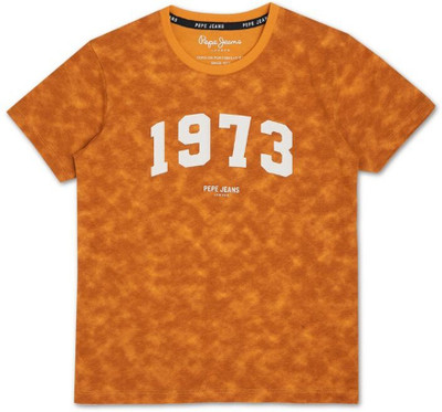 Pepe Jeans Boys Printed Cotton Blend Regular T Shirt(Orange, Pack of 1)
