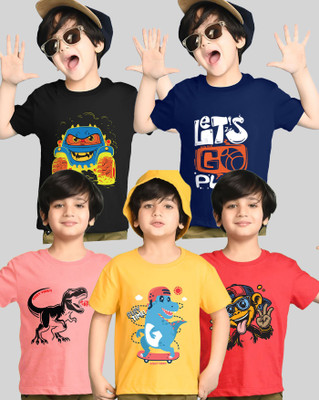 AUSK Boys Printed Cotton Blend Regular T Shirt(Multicolor, Pack of 5)