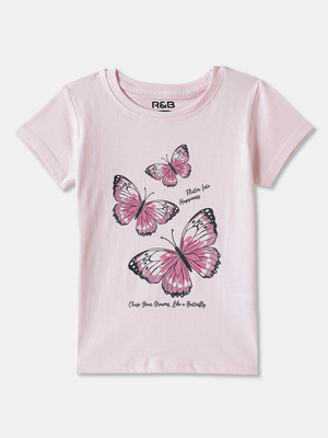 R&B Girls Graphic Print Pure Cotton Regular T Shirt(Pink, Pack of 1)