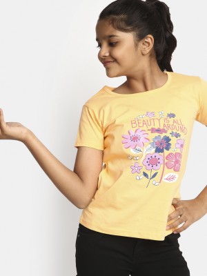 V-MART Girls Printed Cotton Blend Regular T Shirt(Yellow, Pack of 1)