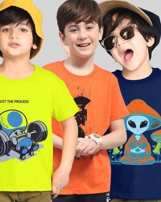 AOOSH Boys Graphic Print Cotton Blend Regular T Shirt(Orange, Blue, Pack of 3)