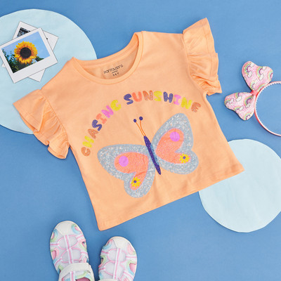 Pantaloons Junior Girls Solid Pure Cotton Regular T Shirt(Orange, Pack of 1)