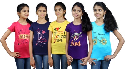 Soft Apparels Girls Graphic Print Pure Cotton T Shirt(Multicolor, Pack of 5)