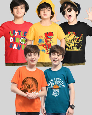 AUSK Boys Printed Cotton Blend Regular T Shirt(Yellow, Dark Blue, Pack of 5)