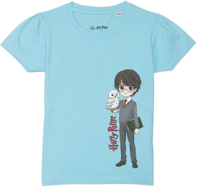 WYM TREND Girls Printed Pure Cotton Regular T Shirt(Blue, Pack of 1)