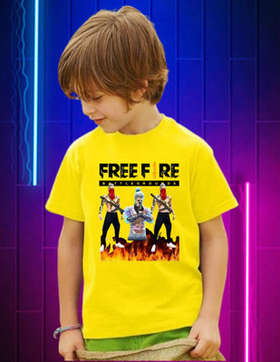Snojh Boys & Girls Printed Cotton Blend Regular T Shirt(Yellow, Pack of 1)