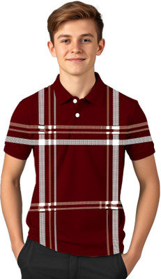 Kiddy Viddy Boys Striped Cotton Blend Regular T Shirt(Maroon, Grey, Pack of 1)