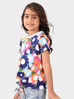 BONKIDS Girls Printed Polycotton Regular T Shirt(Multicolor, Pack of 1)