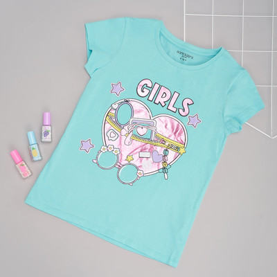 Pantaloons Junior Girls Solid Cotton Blend Regular T Shirt(Light Blue, Pack of 1)